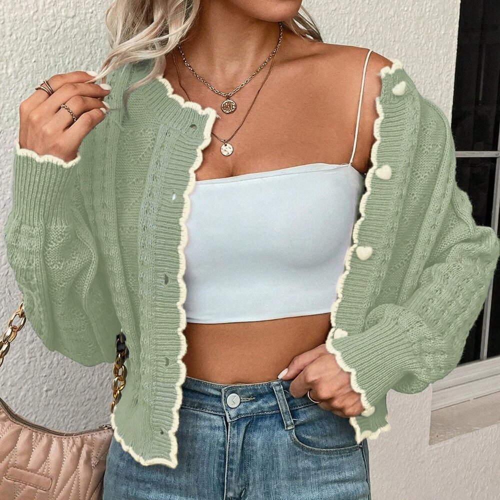 Green Casual Women's Long Sleeve Contrast Trim Cardigan - Picture 6 of 6